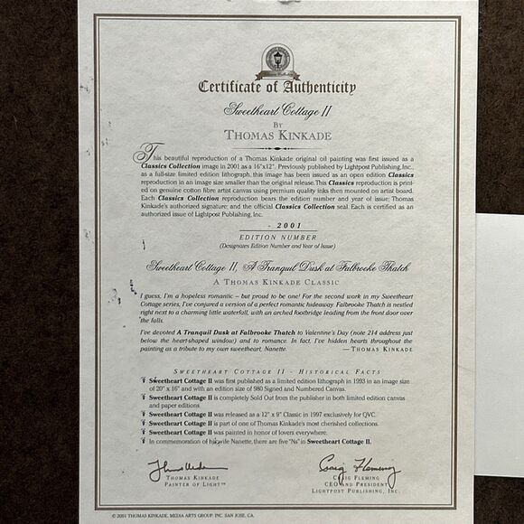 Vtg Thomas Kinkade Sweetheart Cottage 2 Framed Canvas Classics Collection W/ COA - Picture 9 of 15